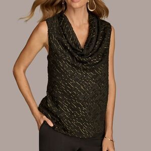Donna Karan NY Metallic Cowlneck Sleeveless Top XS Sheer Lined